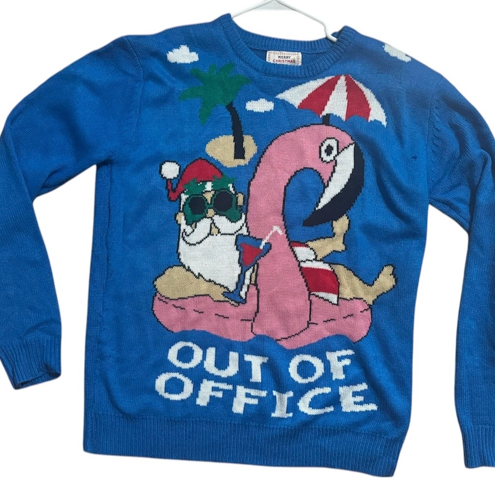 Ugly Christmas Sweater Blue Santa Flamingo 'Out of Office' Crewneck
